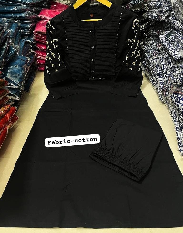 Black Kurti Pant Set with Embroidery & Pintex Detailing